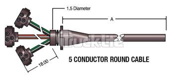 72&quot; LH 3 PLUG S/T/T HARNESS 5 CONDUCTOR ROUND CABLE